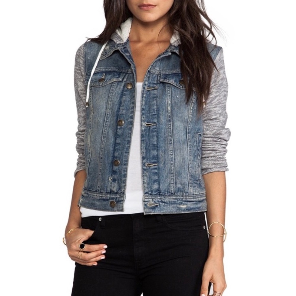 {Free People} Distressed Denim Knit Jean Jacket